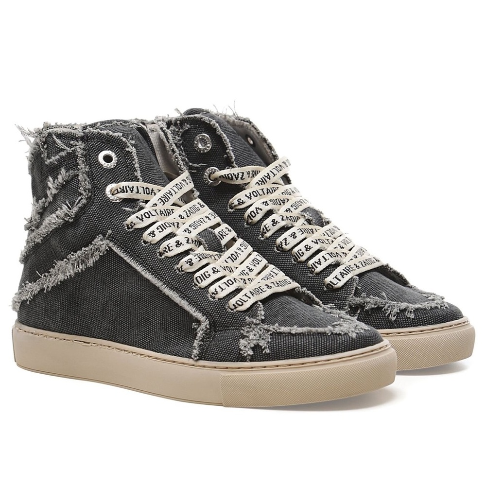 Zadig & Voltaire Distressed High-Top Sneakers in Charcoal and Beige